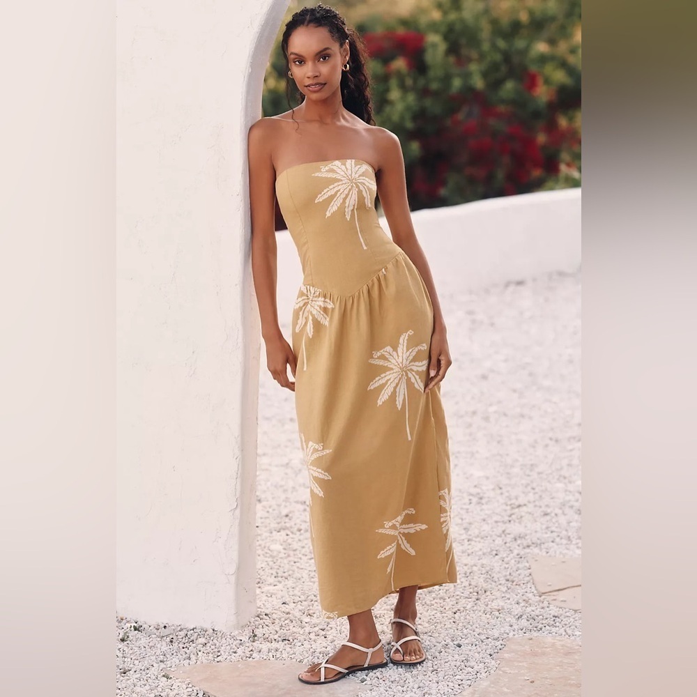 NWT! Anthropologie Celandine Linen Blend Strapless Drop-Waist Midi Dress 🦉